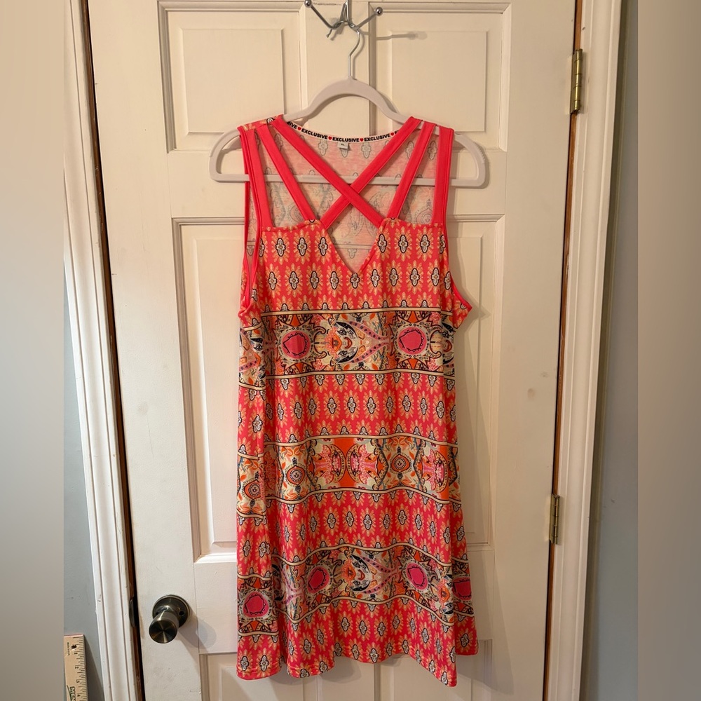 Exclusive Orange Pink Stretch Geometric Tribal Print Strapping Sundress. Size XL